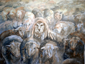Das Motiv zeigt einen Wolf im Schafspelz inmitten einer Herde von Schafen.