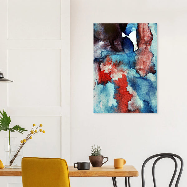 Fine-Art Poster „Blatt 19.3b“ aus dem „Blauen Skizzenbuch“ von johann franki an einer weißgekalkten Wand hinter einem Frühstückstisch - das Motiv zeigt ein abstrakt-dynamisches Farbtreiben mit figurhafter Zeichnung.