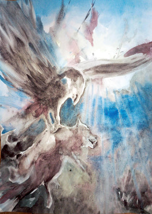 Ein Wolf wird von einem Greifvogel gepackt, Aquarell Nass in Nass Technik, rückseitig signiert