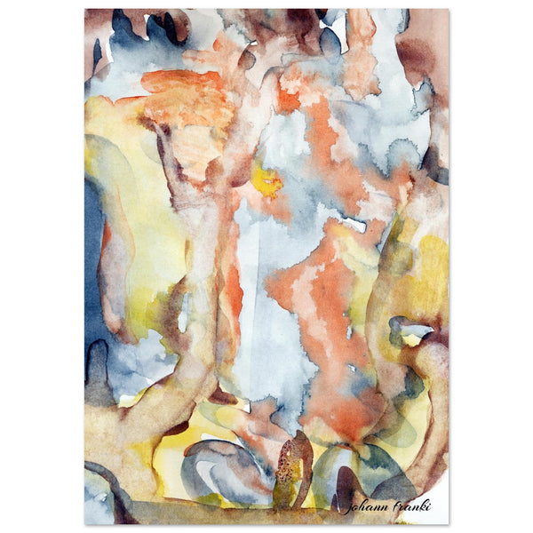 Giclee-Druck von johann franki: feine Strukturen, wasserfallartige shapes in Amber, Hellblau und Zitronengelb – Fine-Art Poster aus dem Blauen Skizzenbuch, Blatt 19