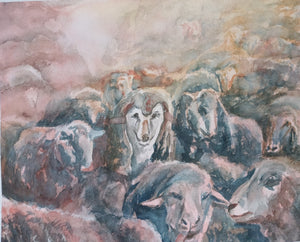 Das Motiv zeigt einen Wolf im Schafspelz inmitten einer Herde von Schafen.