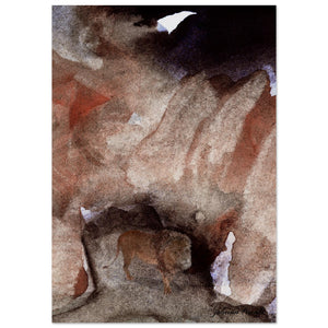 Giclee-Druck von johann franki: Loewe vor Hoehle in surrealer Felslandschaft, darueber schwebt ein Papierflieger – Fine-Art Poster aus dem Blauen Skizzenbuch, Blatt 21.2b.