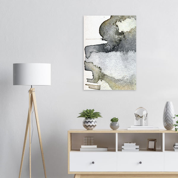 Fine-Art Poster „Blatt 17.2 aus dem „Blauen Skizzenbuch“ von johann franki in einem Arbeitszimmer mit weißgekalkter Wand, Stehlampe und Sideboard – das  Motiv im Hochformat zeigt silbergraue, schwarze und graphit Töne.