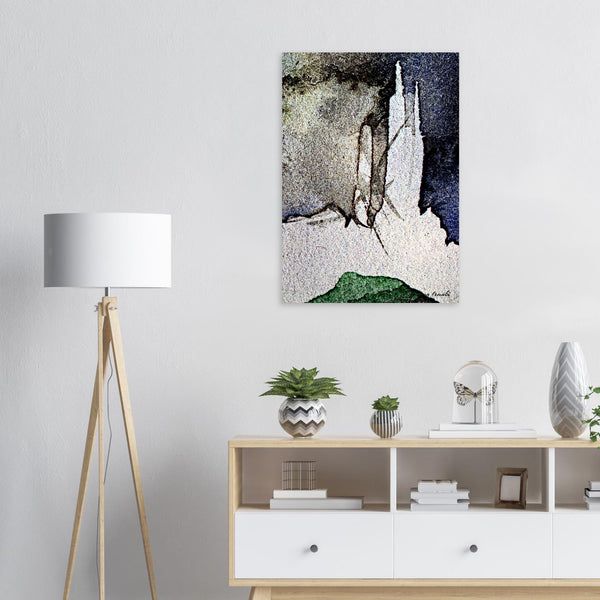 Fine-Art Poster „Blatt 17.5 aus dem „Blauen Skizzenbuch“ von johann franki in einem Arbeitszimmer mit weißgekalkter Wand, Stehlampe und Sideboard – das  Motiv im Hochformat zeigt silbergraue, schwarze und graphit Töne.