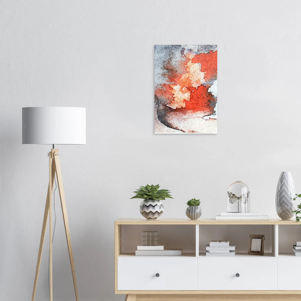Fine-Art Poster „Blatt 19.4 aus dem „Blauen Skizzenbuch“ von johann franki in einem Arbeitszimmer mit weißgekalkter Wand, Stehlampe und Sideboard – das  Motiv im Hochformat DIN A2 gibt dem Raum einen energetischen Klecks.

