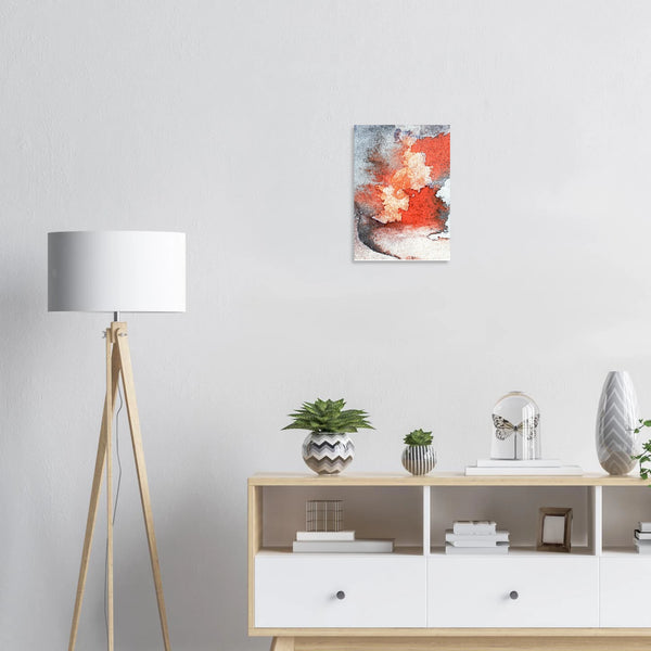 Fine-Art Poster „Blatt 19.4 aus dem „Blauen Skizzenbuch“ von johann franki in einem Arbeitszimmer mit weißgekalkter Wand, Stehlampe und Sideboard – das  Motiv im Hochformat zeigt abstrakte dynamische rote Strukturen.