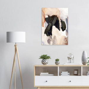 Fine-Art Poster „Blatt 2.5 aus dem „Blauen Skizzenbuch“ von johann franki in einem Arbeitszimmer mit weißgekalkter Wand, Stehlampe und Sideboard – das  Motiv im Hochformat zeigt ein Artefakt in kräftigem Payne auf aufgehelltem Sienna.
