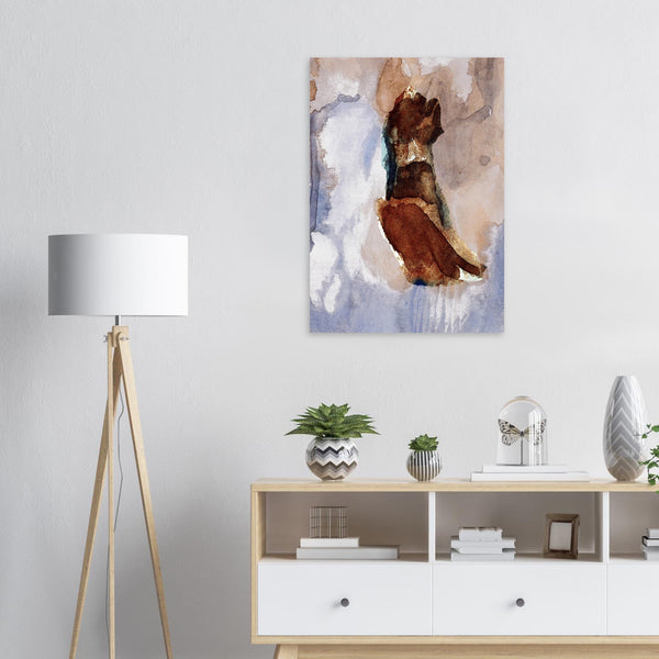 Fine-Art Poster „Blatt 6.2 aus dem „Blauen Skizzenbuch“ von johann franki in einem Arbeitszimmer mit weißgekalkter Wand, Stehlampe und Sideboard – das  Motiv im Hochformat zeigt eine Figur auf einem schwebendem Board.
