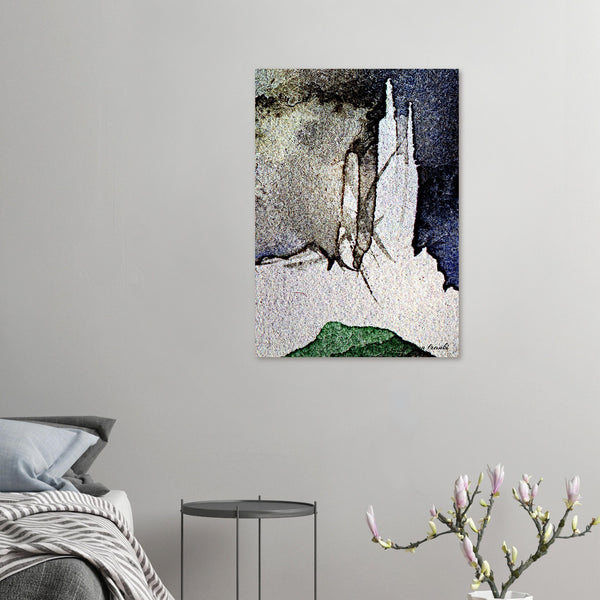 Fine-Art Poster „Blatt 17,6 aus dem „Blauen Skizzenbuch“ von johann franki an einer weißgekalkten Wand einer Couchecke – das  Motiv im lHochkantformat zeigt eine abstrakte Kompositionen dass an eine Nrücke mit ein.m Turm erinnert