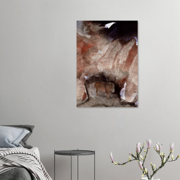Fine-Art Poster „Blatt 21.2b“ aus dem „Blauen Skizzenbuch“ von johann franki in einer Couchecke mit gekalkter Wand – das landschaftliche Motiv zeigt felsige Strukturen in dunklem Rose mit schwarzblauem Nachthimmel.