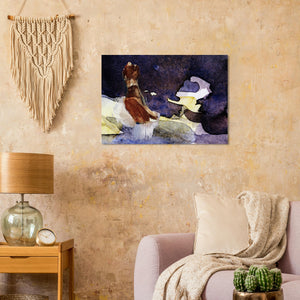 Fine-Art Poster „Blatt 13.1b“ aus dem „Blauen Skizzenbuch“ von johann franki in einer gemütlichen Leseecke über einem Sessel, – das  Motiv zeigt eine abstrakte Landschaft in die die Figur von Blatt 6.2 montiert wurde. 