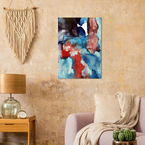 Fine-Art Poster „Blatt 19.3b“ aus dem „Blauen Skizzenbuch“ von johann franki in einer gemütlichen Leseecke über einem Sessel, – das  Motiv zeigt ein abstrakt-dynamisches Farbtreiben mit figurhafter Zeichnung.