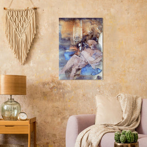 Fine-Art Poster „Blatt 9b“ aus dem „Blauen Skizzenbuch“ von johann franki in einer gemütlichen Leseecke über einem Sessel, – das  Motiv im Hochformat zeigt eine abstrakte Komposition in die Figuren hinein assoziert werden können.