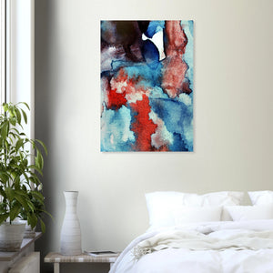 Fine-Art Poster „Blatt 119.3b“ aus dem „Blauen Skizzenbuch“ von johann franki in einem Ruheraum mit weißgekalkter Wand und Bett – das  Motiv zeigt ein abstrakt-dynamisches Farbtreiben mit figurhafter Zeichnung.