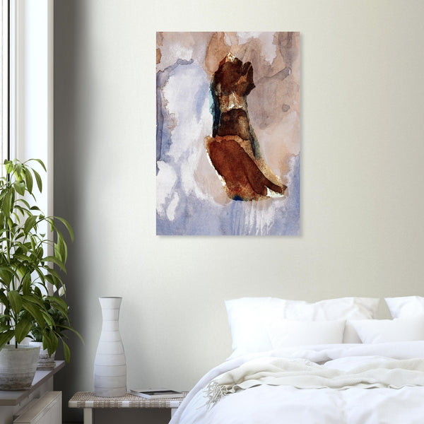 Fine-Art Poster „Blatt 6.2“ aus dem „Blauen Skizzenbuch“ von johann franki in einem Ruheraum mit weißgekalkter Wand und Bett – das  Motiv zeigt eine Figur auf einem schwebendem Board.