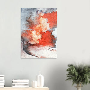 Fine-Art Poster „Blatt 19.4“ aus dem „Blauen Skizzenbuch“ von johann franki über einem Beistelltisch eines Wartezimmers, – das  Motiv im Hochformat zeigt eine abstrakte Komposition in roten Tönen.