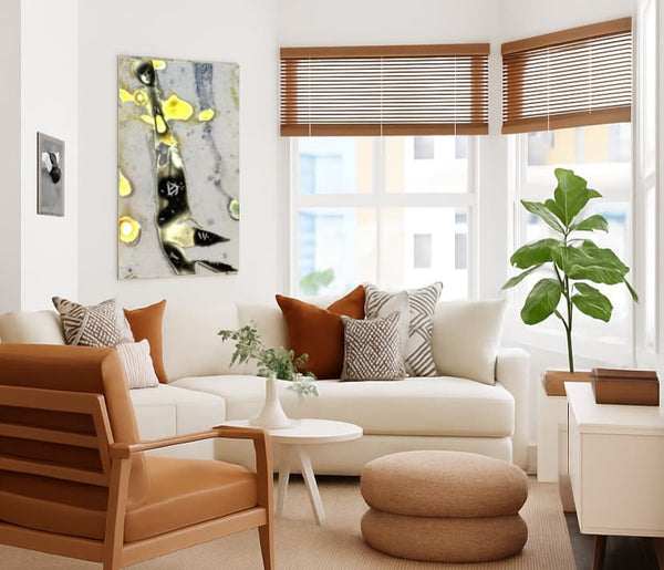 Fine-Art Print spezial „Poseidons Gold“ aus der Edition „Teile das Meer“ von johann franki über einem Sofa in einem stylischen, renovierten Altbauerker – das Motiv im Hochformat zeigt abstrakte Strukturen in kräftigem gelb.
