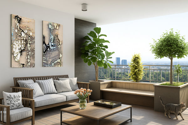 Fine-Art Print spezial „Schamanen und Propheten“ und „Die Zeichen erkennen“ aus der Edition „Teile das Meer“ von johann franki über einem Sofa in einem stylischen Balkon mit weißgekalkter Wand und Bett – die  Motive im Hochformat zeigen abstrakte Strukturen in einer gemäßigten Farbpalette.