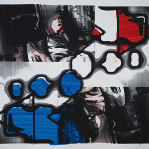 Laserdruck schwarz/weiß von einer digitalisierten Kollage per Scablonendruck kolloriert.