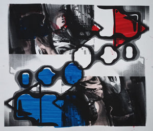 Laserdruck schwarz/weiß von einer digitalisierten Kollage per Scablonendruck kolloriert.