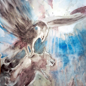 Ein Wolf wird von einem Greifvogel gepackt, Aquarell Nass in Nass Technik, rückseitig signiert